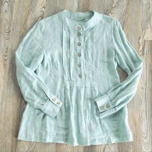 Yuvita Linen Tunic Top Seafoam Blue Pintuck 1/4 Button Womens S Relaxed Fit